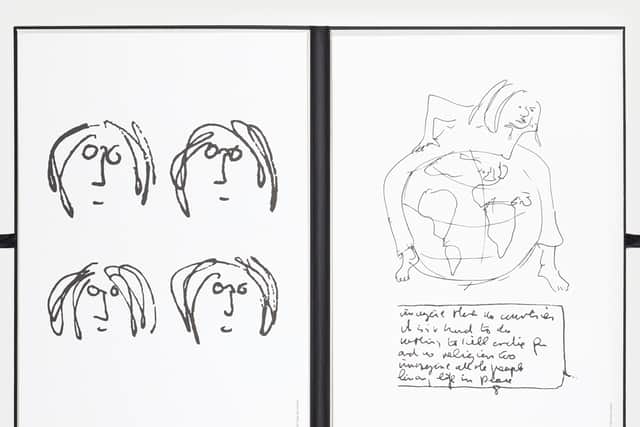 Prints of John Lennon’s drawings and lyrics.  Photo: Jack Klos 