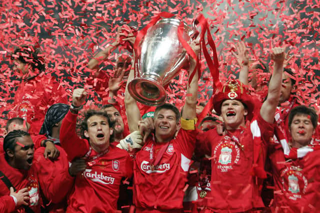 Steven Gerrard lifts the Champions League after Liverpool’s triumph over AC Milan in 2005. Picture: FILIPPO MONTEFORTE/AFP via Getty Images