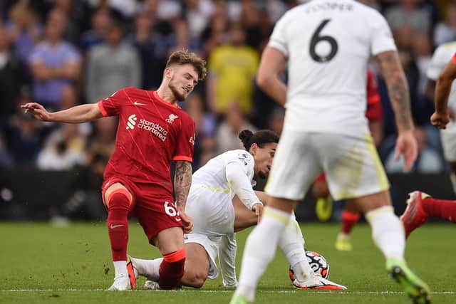 Liverpool’s Harvey Elliott suffered a serious ankle injury after a challenge from Leeds’ Pascal Struijk. Picture: OLI SCARFF/AFP via Getty Images