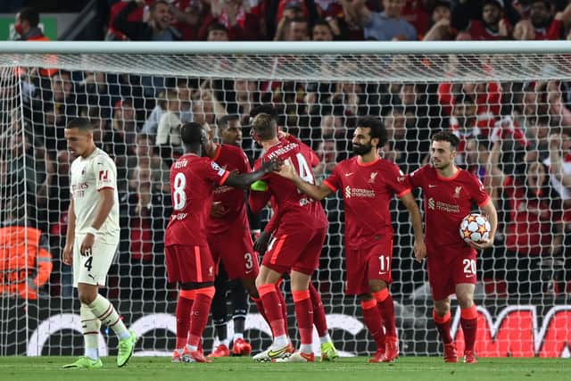 Liverpool celebrate Mo Salah’s goal against AC Milan. Picture: Shaun Botterill/Getty Images