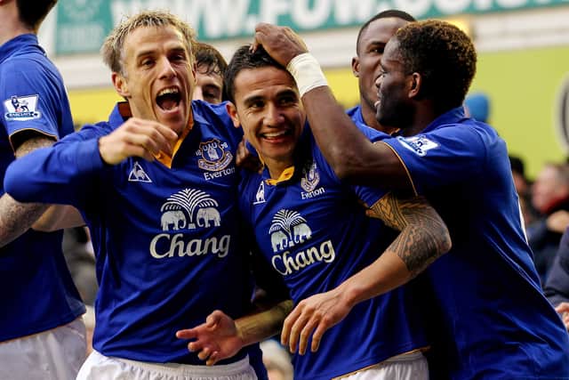 Tim Cahill celebrates scoring during his Everton days. Picture: Scott Heavey/Getty Images