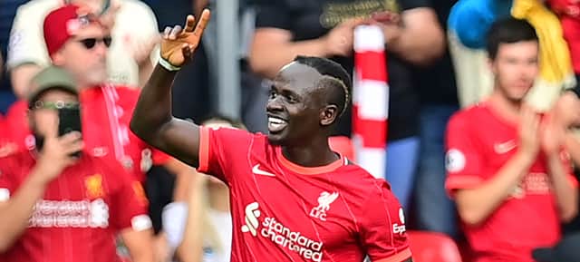 Sadio Mane celebrates his 100th goal for Liverpool against Crystal Palace. Picture: PAUL ELLIS/AFP via Getty Images