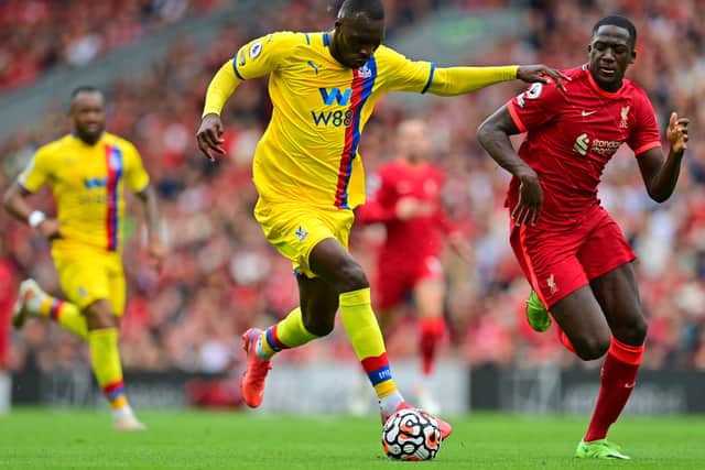 Liverpool’s Ibrahima Konate made a fine block to stop Crystal Palace’s Christian Benteke in his tracks. Picture: PAUL ELLIS/AFP via Getty Images