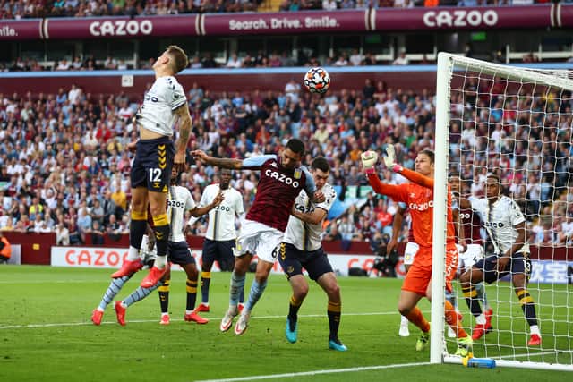 Everton defender Lucas Digne heads into his own net against Villa. Picture: Michael Steele/Getty Images)