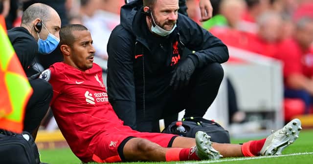 <p>Thiago Alcantara receives treatment after suffering an injury in Liverpool’s defeat of Crystal Palace. Picture: PAUL ELLIS/AFP via Getty Image</p>