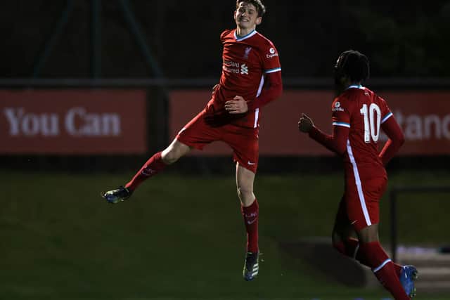 Tyler Morton celebrates scoring for Liverpool under-18s in the FA Youth Cup. Picture: Clive Brunskill/Getty Images)