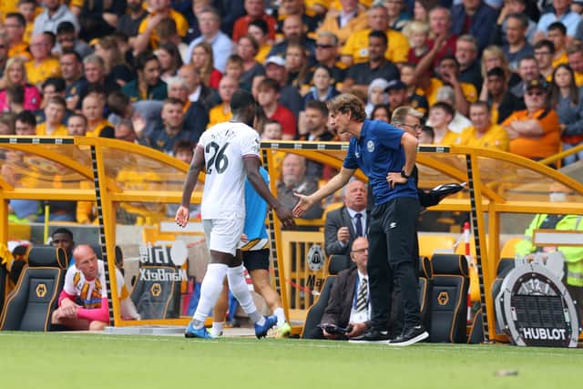 Shandon Baptiste leaves the pitch after being sent off for Brentford against Wolves. Picture: Catherine Ivill/Getty Images