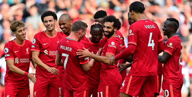 Liverpool celebrate in their win over Crystal Palace last week. Picture: PAUL ELLIS/AFP via Getty Images