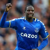Abdoulaye Doucoure celebrates in front of the Park End after scoring Everton’s second goal against Norwich. Picture: Alex Livesey/Getty Images