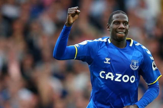 Abdoulaye Doucoure celebrates in front of the Park End after scoring Everton’s second goal against Norwich. Picture: Alex Livesey/Getty Images