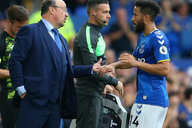 Everton boss Rafa Benitez with Andros Townsend. Picture: Alex Livesey/Getty Images