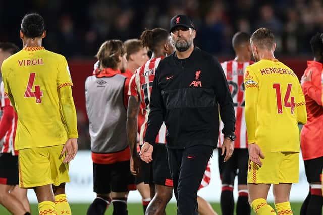Liverpool dejected after their 3-3 draw against Brentford. Picture: GLYN KIRK/AFP via Getty Images