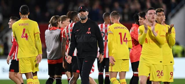 Liverpool dejected after their 3-3 draw against Brentford. Picture: GLYN KIRK/AFP via Getty Images