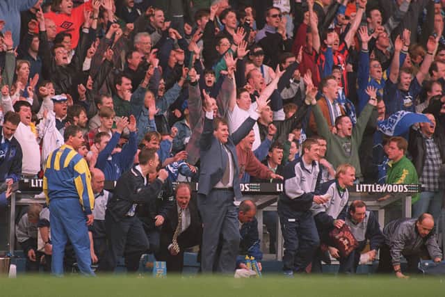 Joe Royal celebrates Everton’s FA Cup semi-final victory over Tottenham. Picture: Tony Duffy/ALLSPORT via Getty Images 