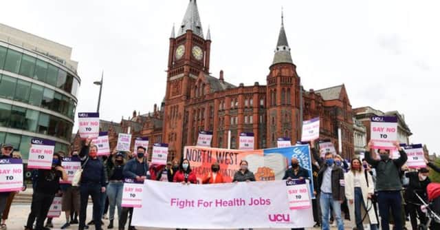 <p>Union members protest at the University of Liverpool. Image: ucu.org.uk</p>