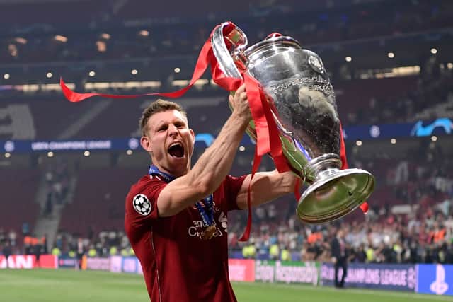 James Milner celebrates Liverpool’s Champions League triumph in 2019. Picture: v