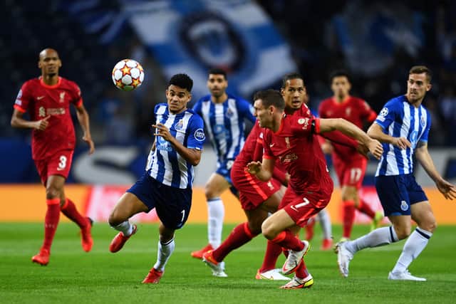 James Milner battles Luis Diaz for the ball during Liverpool’s 5-1 win over Porto. Picture: David Ramos/Getty Images