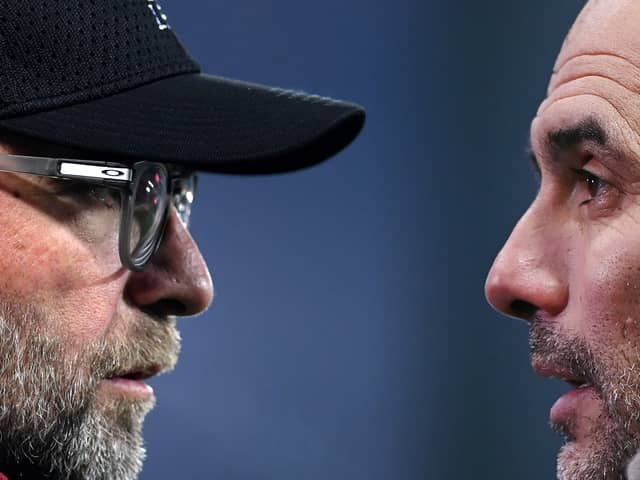 Liverpool boss Jurgen Klopp and Man City manager Pep Guardiola. Picture:  Laurence Griffiths/Getty Images