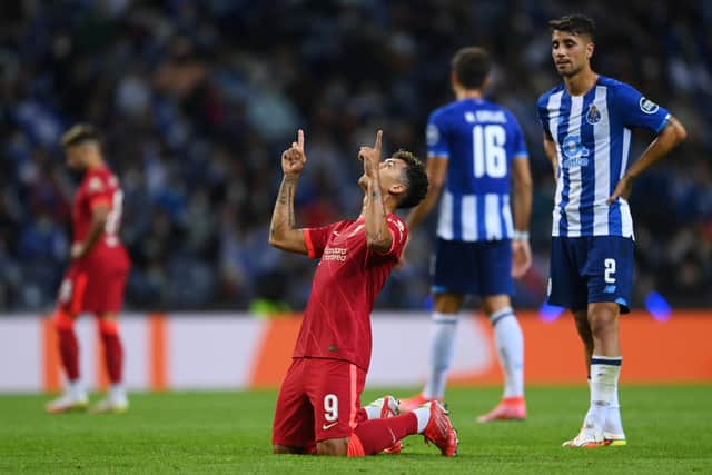 Roberto Firmino celebrates scoring for Liverpool against Porto. Picture: David Ramos/Getty Images