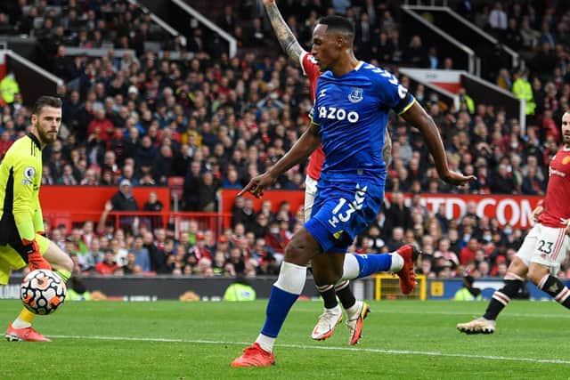 Yerry Mina’s goal for Everton at Manchester United was ruled offside. Picture: OLI SCARFF/AFP via Getty Images