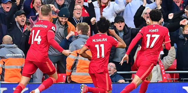 Liverpool celebrate Mo Salah’s goal against Man City. Picture:  PAUL ELLIS/AFP via Getty Images