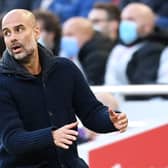A member of Pep Guardiola’s Man City backroom team was allegedly spat at during the 2-2 draw against Liverpool. Picture: Michael Regan/Getty Images
