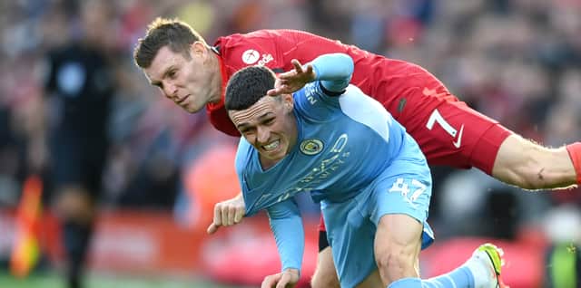 Liverpool’s James Milner was lucky not to give away a penalty following a collision with Man City’s Phil Foden in the 2-2 draw. Picture: Michael Regan/Getty Images 