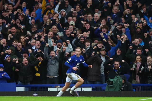 Tom Davies celebrates scoring his first Everton goal against Man City in January 2017. Picture: Alex Livesey/Getty Images