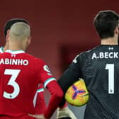 Liverpool’s Fabinho, left and Alisson Becker. Picture: Clive Brunskill/Getty Images