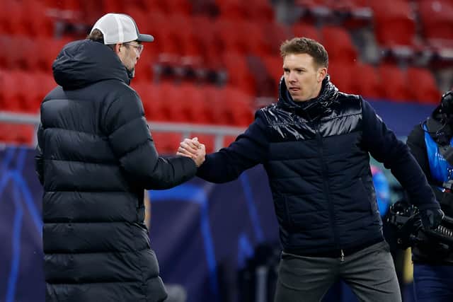 Jurgen Klopp with RB Leipzig head coach Julian Nagelsmann. Picture: Laszlo Szirtesi/Getty Images