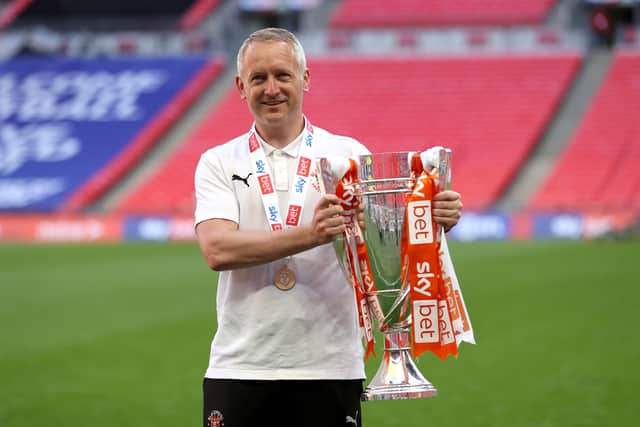 Neil Critchley celebrates Blackpool’s League One play-off success. Picture: Catherine Ivill/Getty Images