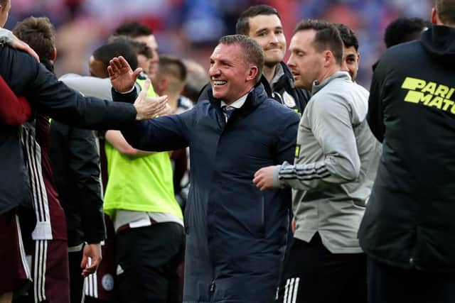 Brendan Rodgers celebrates after Leicester win the FA Cup. Picture: Kirsty Wigglesworth - Pool/Getty Images