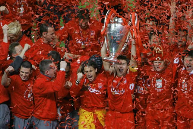 Steven Gerrard lifts the Champions League after Liverpool’s defeat of AC Milan on penalties in 2005. Picture: FRANCOIS MARIT/AFP via Getty Images