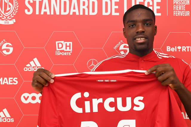 Everton’s Niels Nkounkou poses after signing for Standard Liege on loan. Picture: OHN THYS/BELGA MAG/AFP via Getty Images