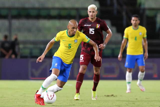 Fabinho in action for Brazil. Picture: Edilzon Gamez/Getty Images