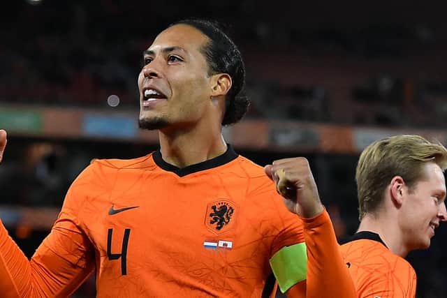 Virgil van Dijk celebrates scoring for Holland against Gibraltar. Picture: JOHN THYS/AFP via Getty Images