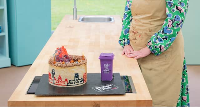 Lizzie Acker featured the Liverpool skyline and a purple bin on week four of GBBO. Image: @BritishBakeOff/twitter
