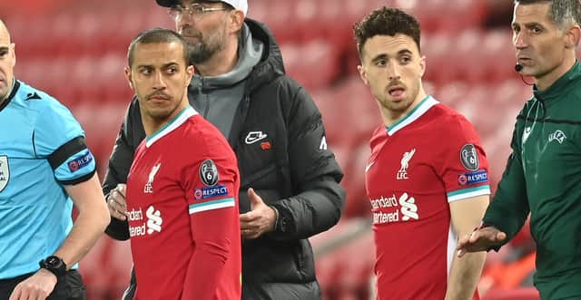 Liverpool’s Thiago Alcantara, left, and Diogo Jota. Picture: Michael Regan/Getty Images