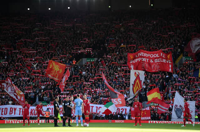 Liverpool fans show their support prior to the Premier League match between Liverpool and Manchester City at Anfield on October 03, 2021 in Liverpool, England. (Photo by Michael Regan/Getty Images)