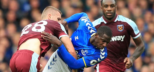 Everton’s Abdoulaye Docoure battles West Ham’s Tomas Soucek for the ball. Picture: LINDSEY PARNABY/AFP via Getty Images