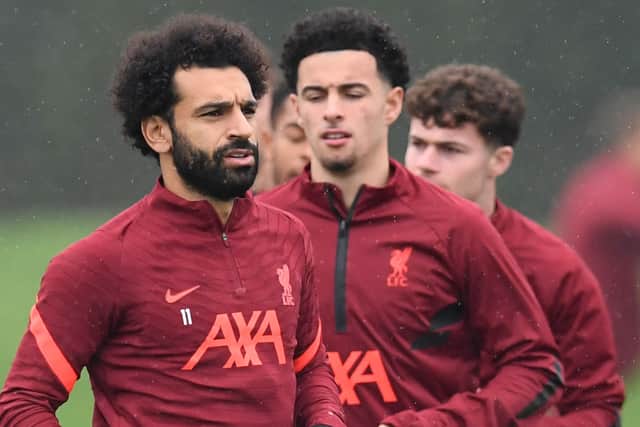 Mo Salah and Curtis Jones during Liverpool training. Picture: PAUL ELLIS/AFP via Getty Images