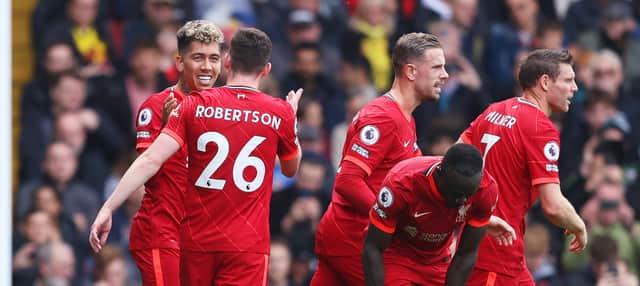Liverpool celebrate during their 5-0 win at Watford. Picture: Richard Heathcote/Getty Images