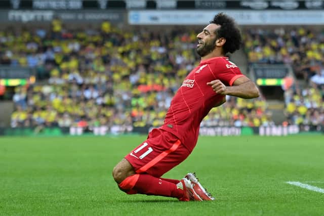 Mo Salah celebrates scoring for Liverpool against Norwich this season. Picture: JUSTIN TALLIS/AFP via Getty Images
