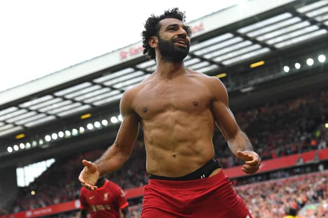Mo Salah was booked for taking his shirt off when escoring against Crystal Palace this season. Picture: PAUL ELLIS/AFP via Getty Images