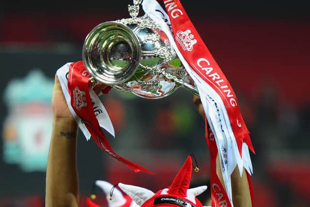 The League Cup was the only trophy Luis Suarez won at Anfield. Picture: Mike Hewitt/Getty Images