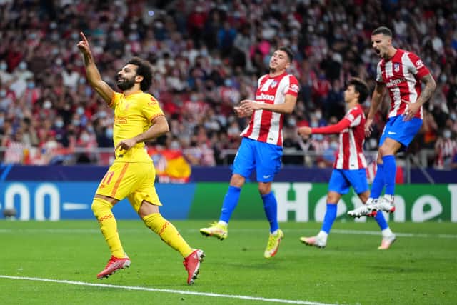 Mo Salah celebrates his match-winner against Atletico Madrid. Picture: Angel Martinez/Getty Images