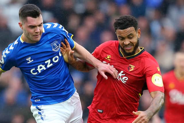 Josh King battles Michael Keane for the ball. Picture: Alex Livesey/Getty Images