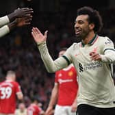 Mo Salah celebrates scoring his first goal in Liverpool’s thrashing of Man Utd. Picture: Michael Regan/Getty Images