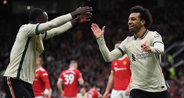 Mo Salah celebrates scoring his first goal in Liverpool’s thrashing of Man Utd. Picture: Michael Regan/Getty Images