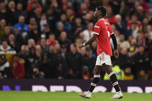 Paul Pogba leaves the pitch after his sending off. Picture: OLI SCARFF/AFP via Getty Images